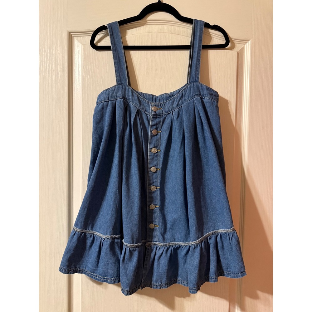 Womens Denim Babydoll Mini Dress Button Front Ruffle Hem Blue Chambray Boho S M